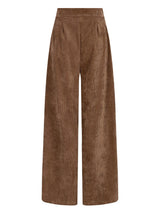 Braune Wildleder-Weite-Bein-Hosen mit hohem Bund und Falten vorne.