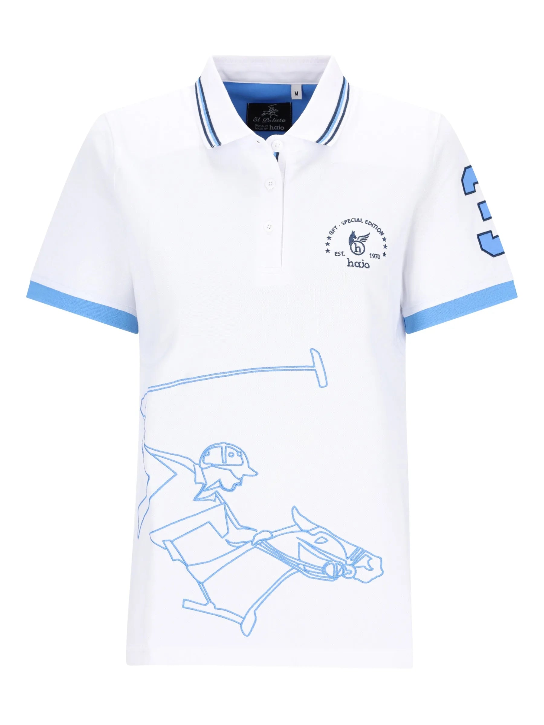 Weißer poloshirt d polopique el polista mit hellblauer einfassung und blaum Umriss eines reiters aus baumwolle