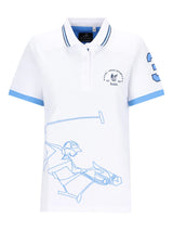Weißer poloshirt d polopique el polista mit hellblauer einfassung und blaum Umriss eines reiters aus baumwolle