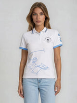 Weiße poloshirt d polopique el polista mit hellblauer borte und pferdesportgrafik in passendem blauumriss