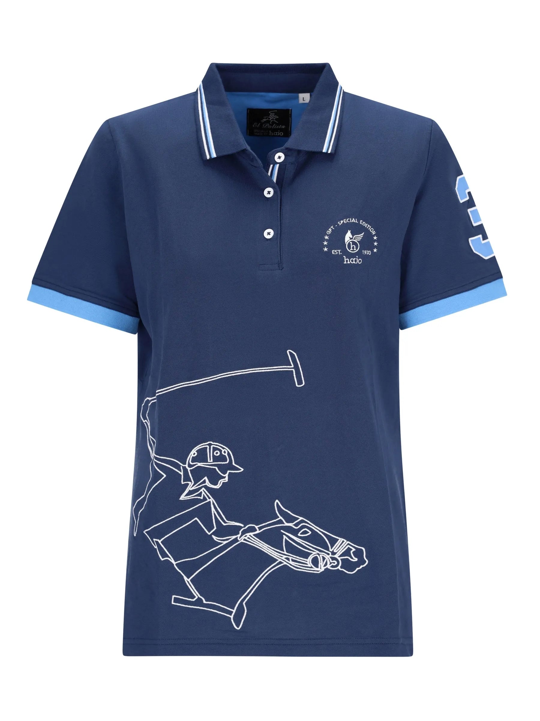 Navy blaue poloshirt d polopique el polista mit hellblauer einfassung und weißem linienpferdereiter auf der vorderseite