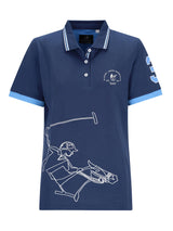 Navy blaue poloshirt d polopique el polista mit hellblauer einfassung und weißem linienpferdereiter auf der vorderseite