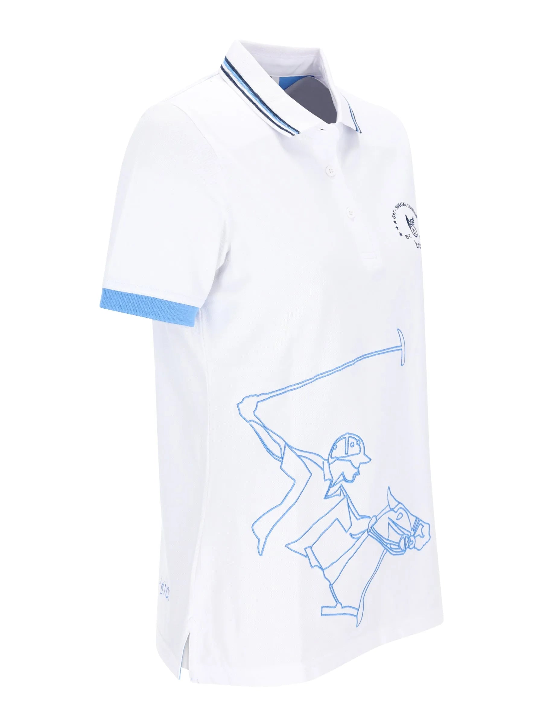 Weißer poloshirt d polopique el polista mit hellblauen piping und stilisiertem reiterdruck vorne