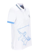 Weißer poloshirt d polopique el polista mit hellblauen piping und stilisiertem reiterdruck vorne