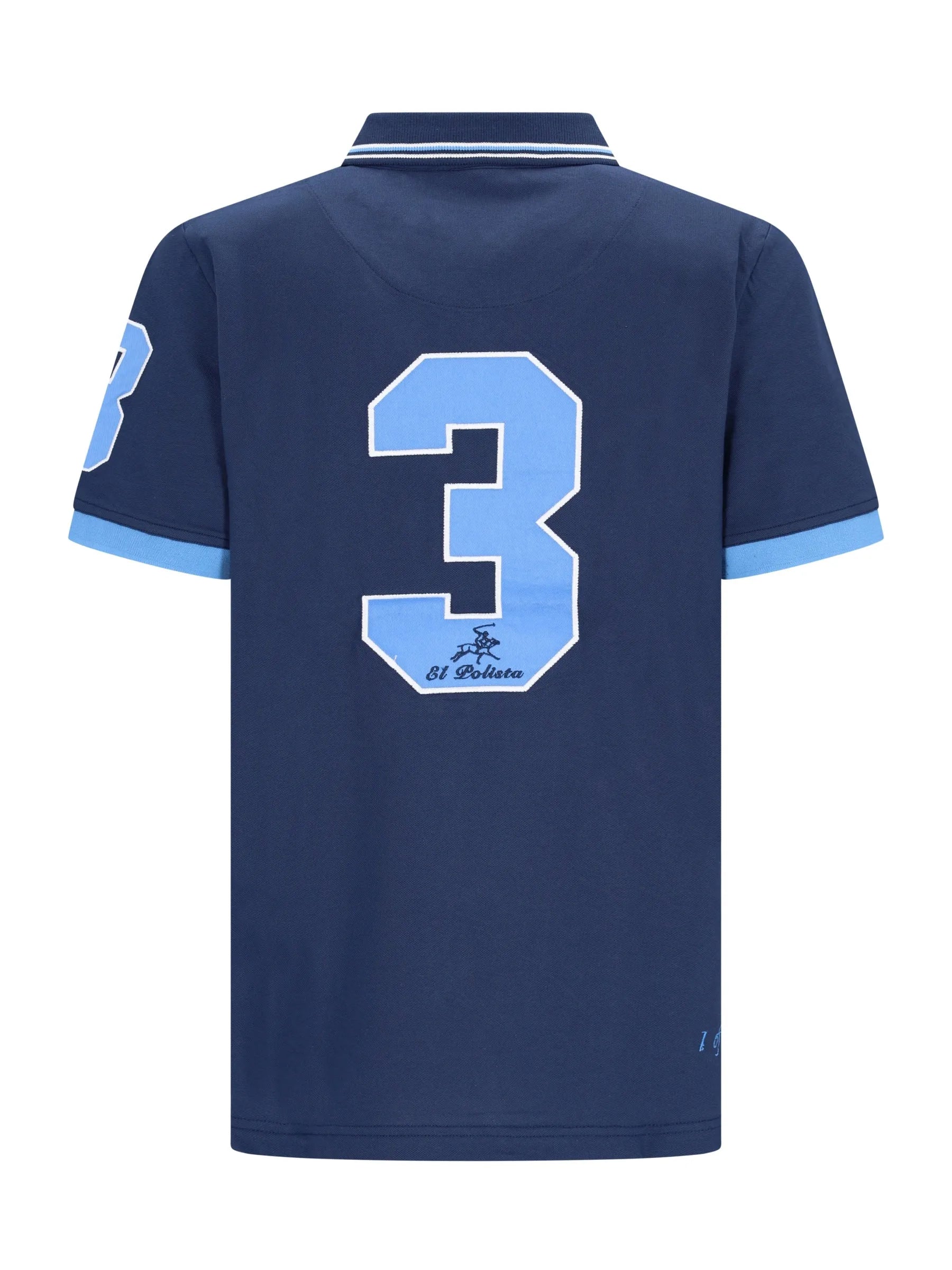 Navyblaue Poloshirt D Polopique EL POLISTA mit hellblauer Nummer 3, passendem Kragen und Ärmelbesatz, kleine Stickerei