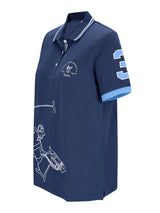 Navyblaues poloshirt d polopique el polista mit hellblauer bündchen, weißem reitersportmotiv und nummer 3 am ärmel
