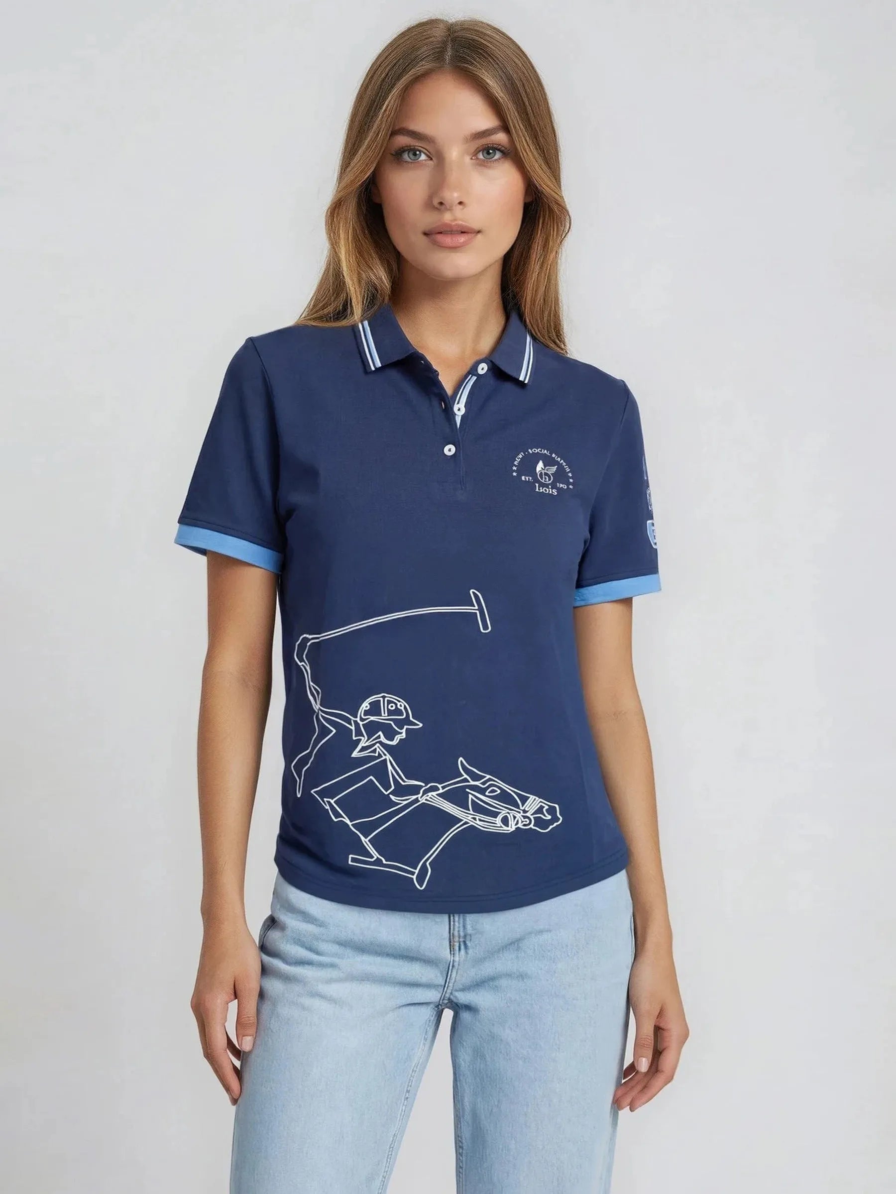 D polopique el polista navy blaue poloshirt mit weißem pferdesportmotiv und hellblauen akzenten