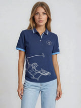 D polopique el polista navy blaue poloshirt mit weißem pferdesportmotiv und hellblauen akzenten