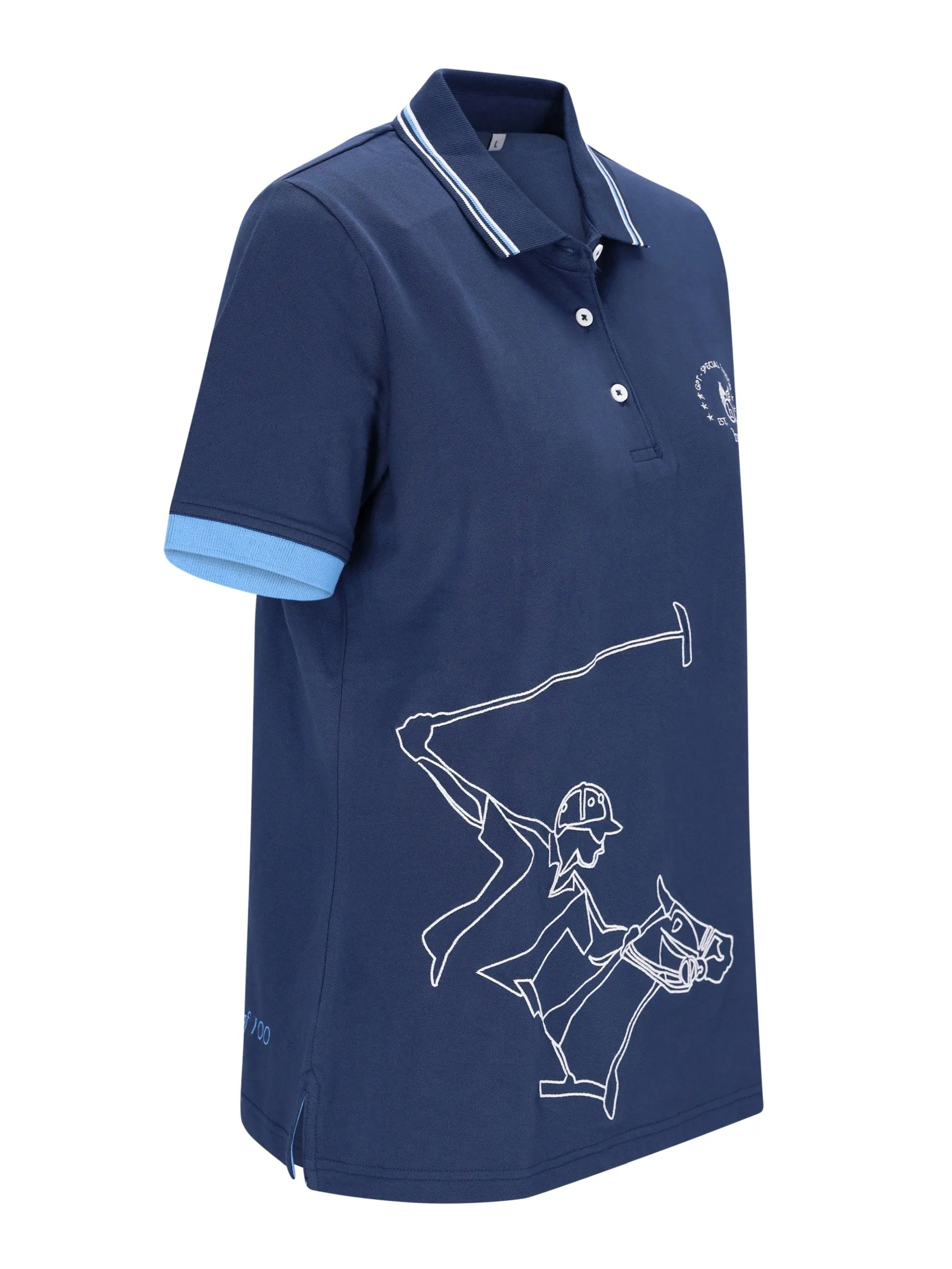 Navyblaues poloshirt d polopique el polista mit weißer linienzeichnung eines reiterpferds und hellblauer bündchenkante
