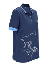 Navyblaues poloshirt d polopique el polista mit weißer linienzeichnung eines reiterpferds und hellblauer bündchenkante