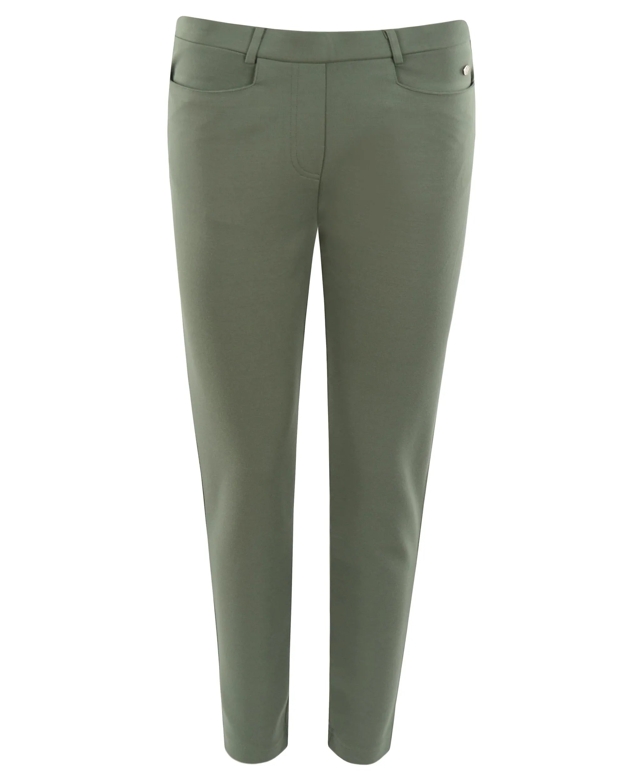 Olivgrüne Stretch-Hose mit Taschen und geradem Bein.