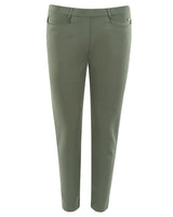 Olivgrüne Stretch-Hose mit Taschen und geradem Bein.