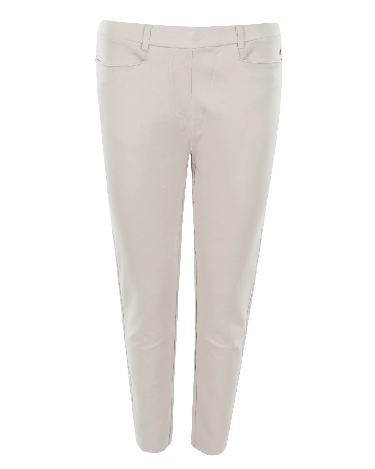 Cremefarbene Slim-Fit-Hose mit dezentem Glanz, wahrscheinlich aus einem Baumwoll- oder Polyestergemisch.