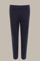 Marineblaue Slim Fit Hose mit geradem Bein und Knopfleiste.