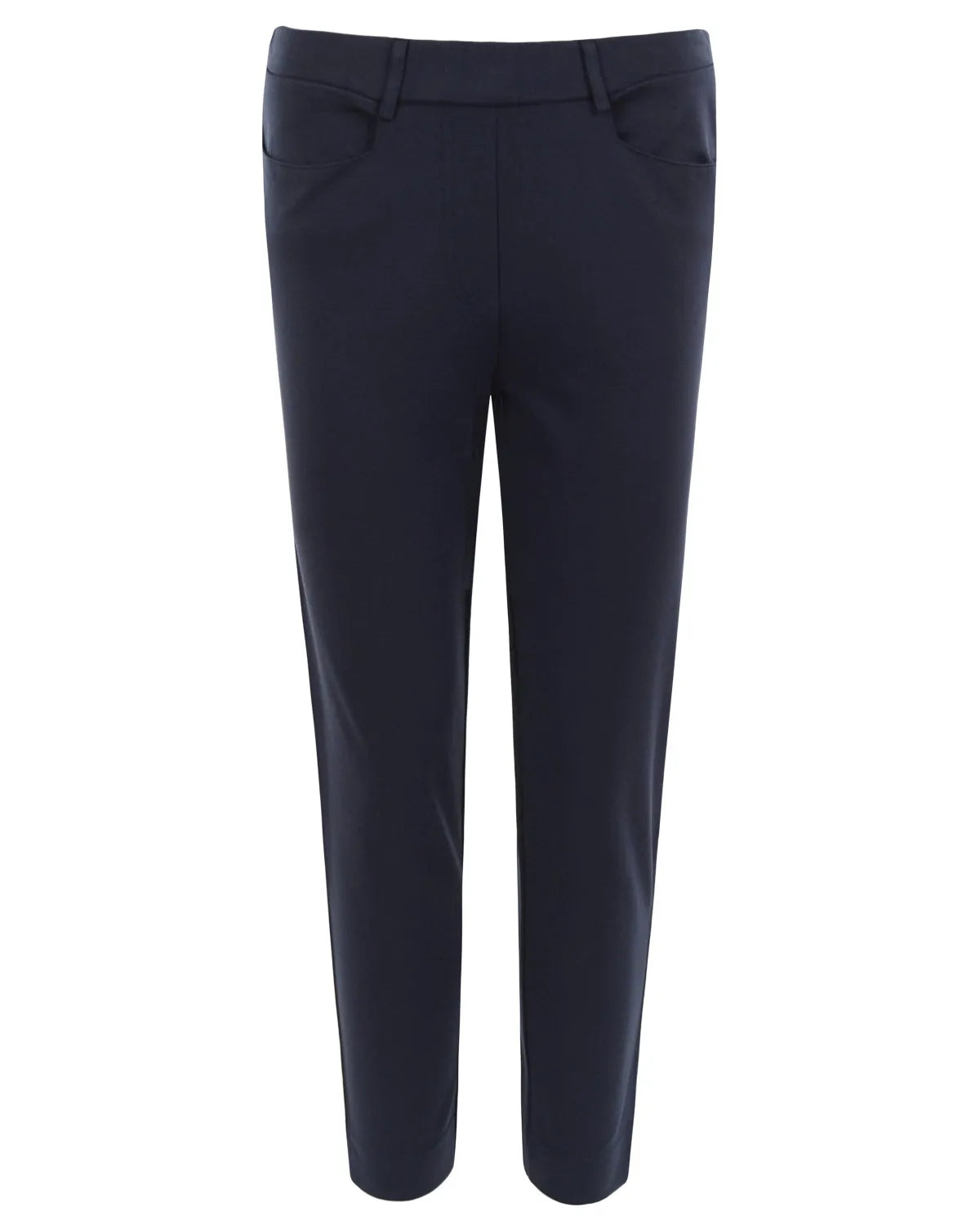 Damen 7/8 interlock stretchhose in marineblau mit geradem schnitt und dezenten vordertaschen