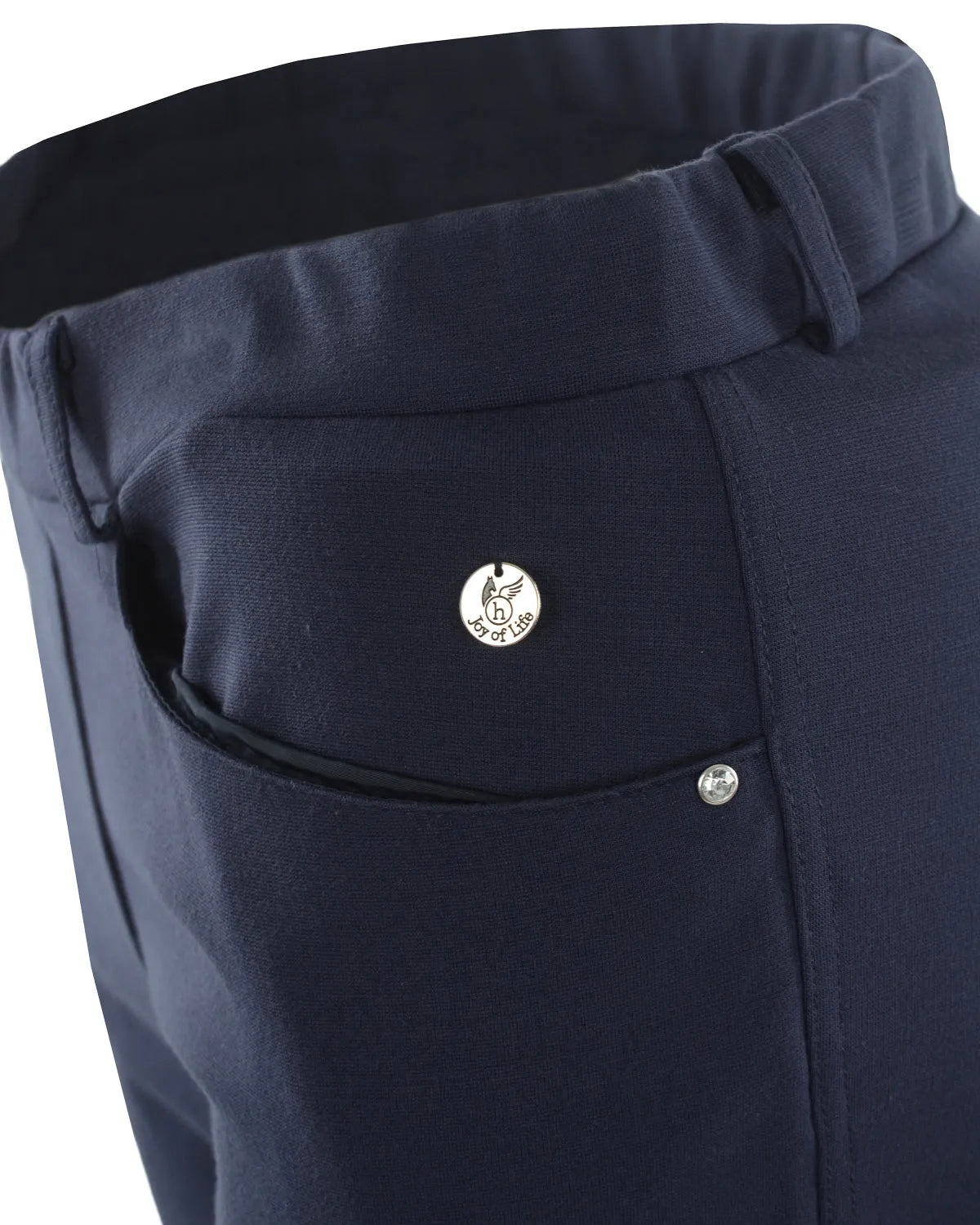 Damen 7/8 interlock stretchhose in marineblau aus baumwolle mit silbernem runden logo patch auf der vordertasche