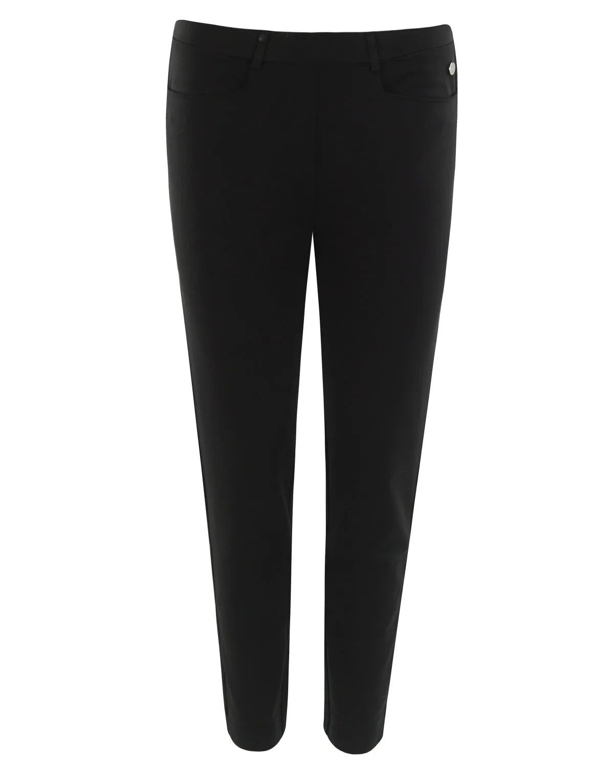 Schwarze, schmal geschnittene Hose mit einer Knopfleiste am Bund.