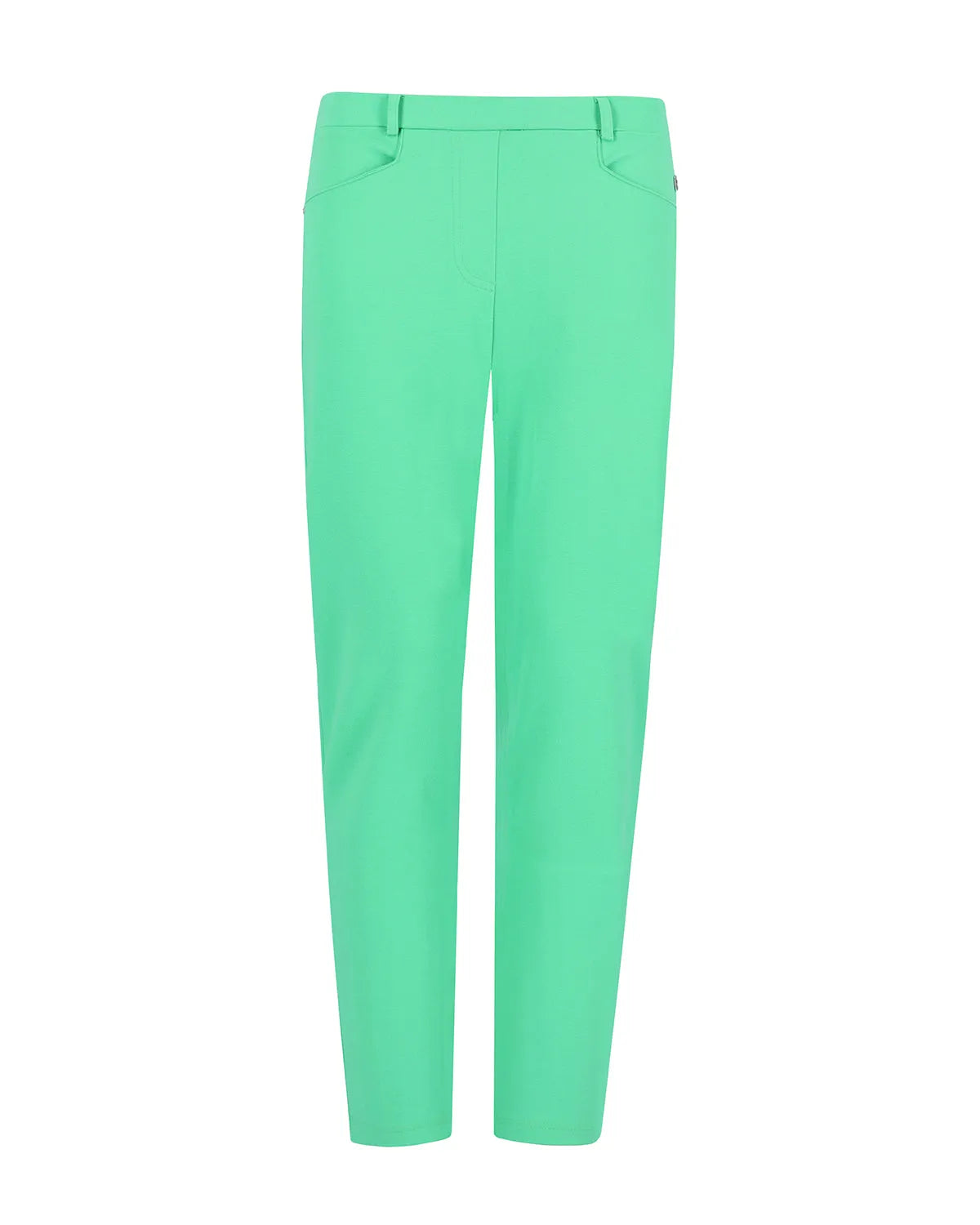 Mintgrüne Slim Fit Hose mit hoher Taille und Knopfverschluss.