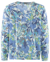 Blaue geblümte Bluse mit langen Ärmeln und V-Ausschnitt.