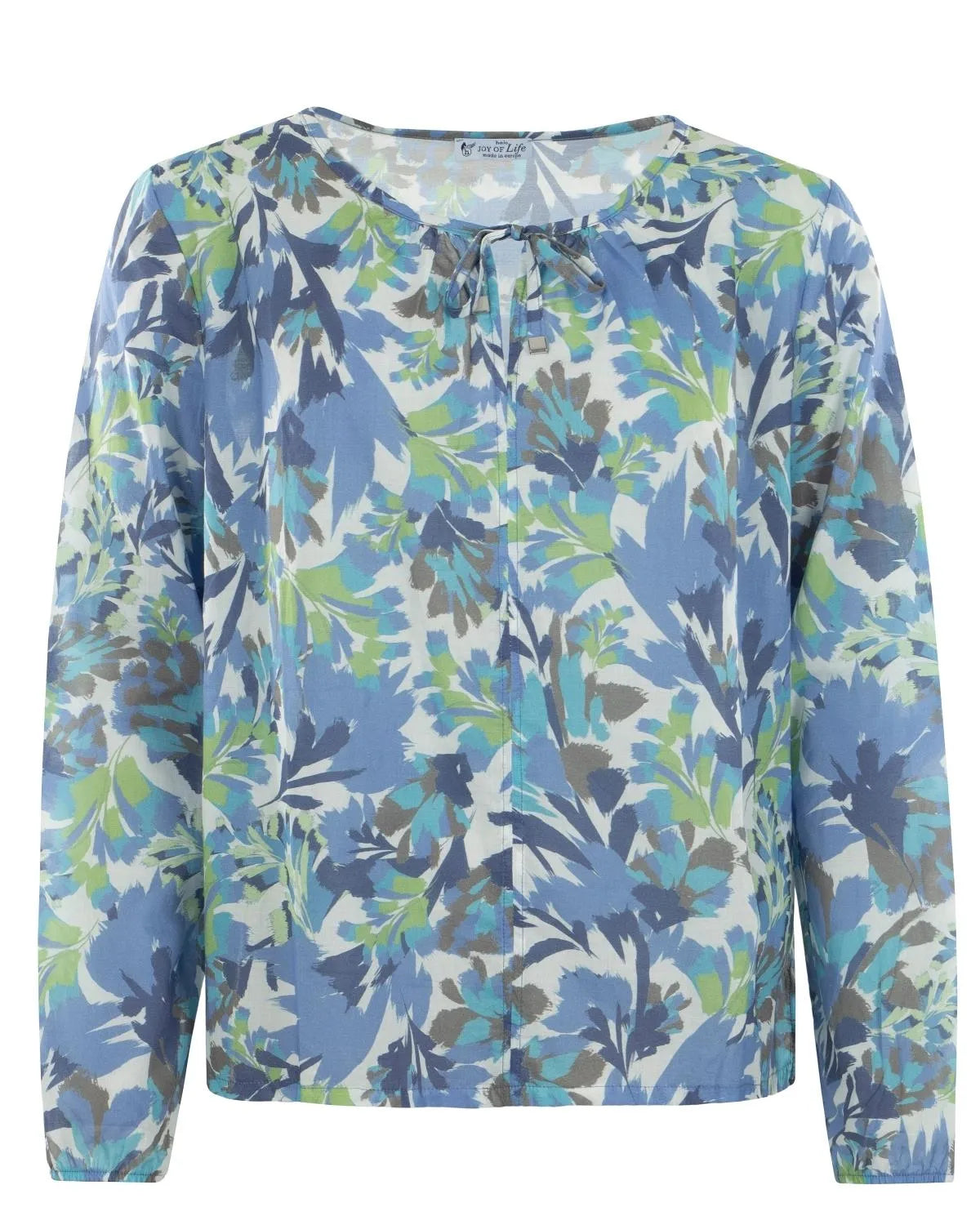 Blaue geblümte Bluse mit langen Ärmeln und Rundhalsausschnitt.
