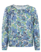 Blaue geblümte Bluse mit langen Ärmeln und Rundhalsausschnitt.