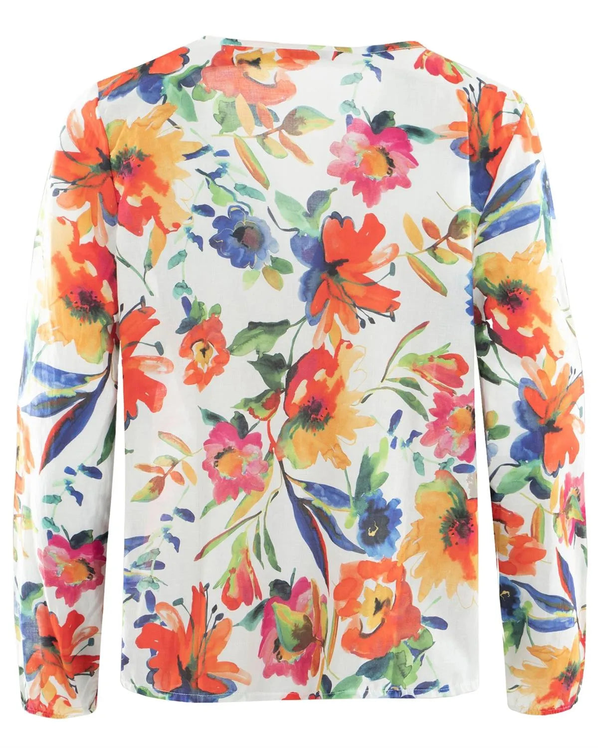 Bluse mit Blumenmuster, langen Ärmeln und weißem Hintergrund.
