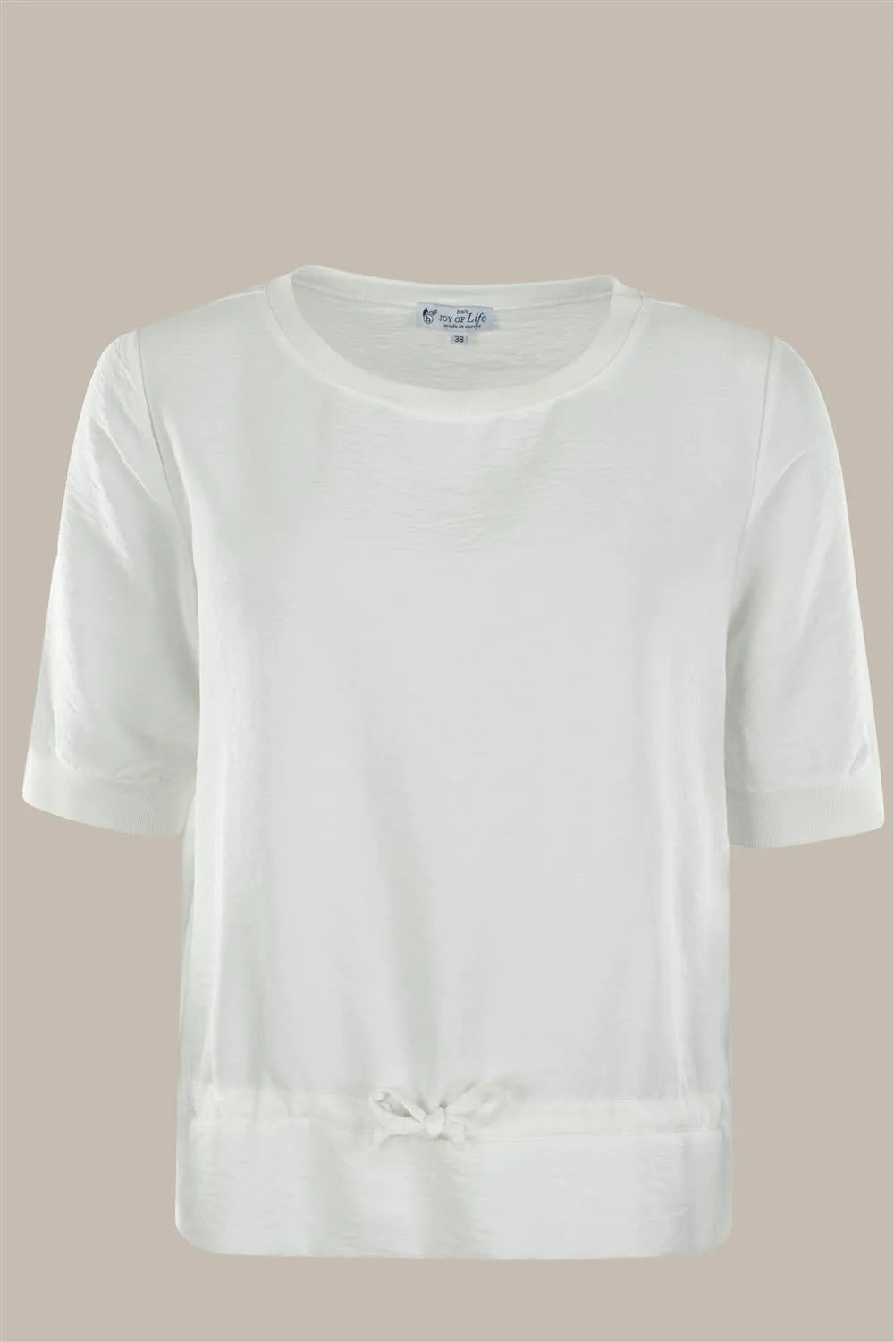 Weißes Kurzarm-T-Shirt mit Schleife am unteren Rand, aus Baumwolle.