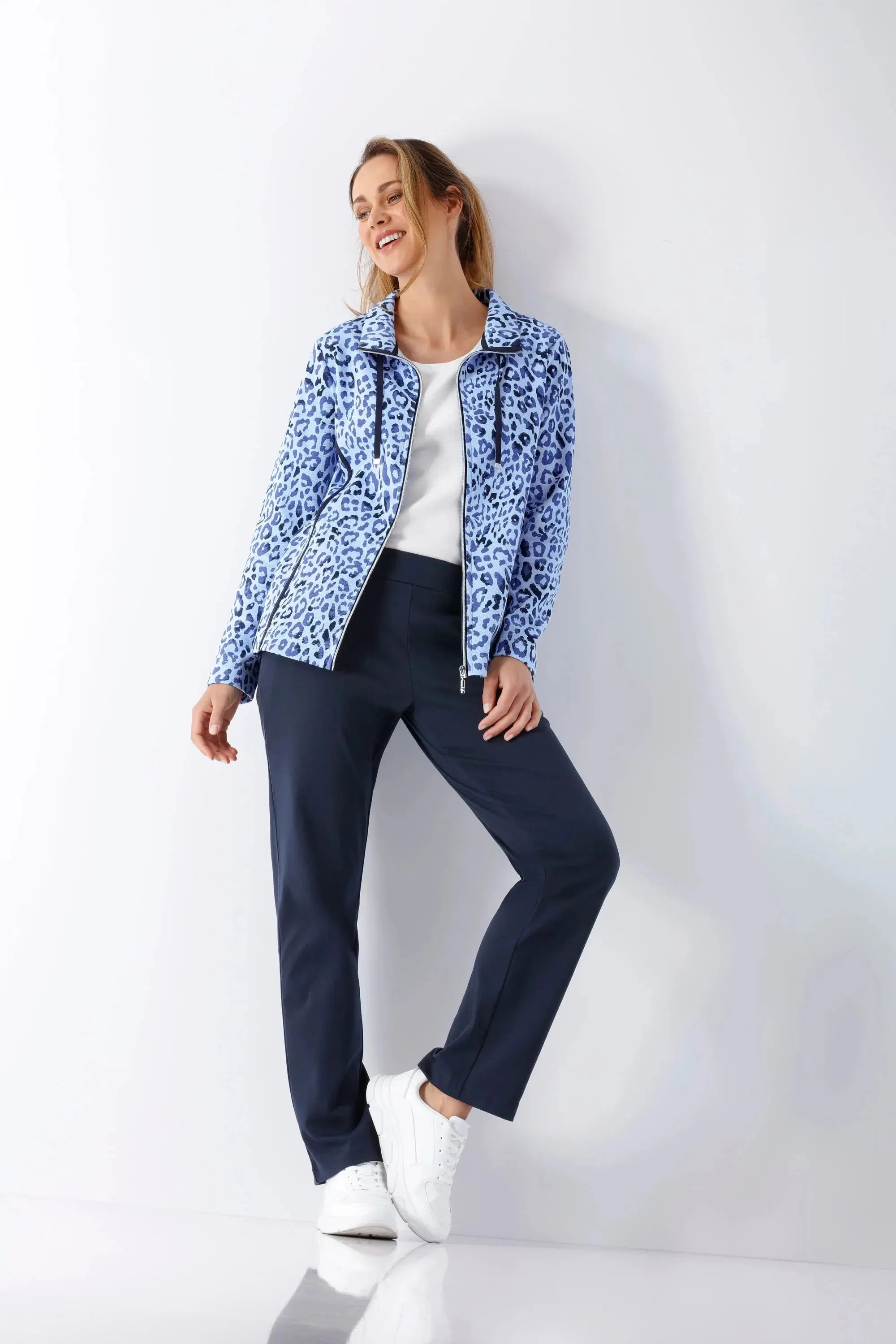 Blauer Leopard-Print Freizeitanzug Damen Klima Komfort Piqué mit schwarzer Schnur