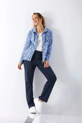 Blauer Leopard-Print Freizeitanzug Damen Klima Komfort Piqué mit schwarzer Schnur