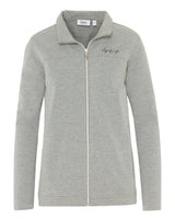 Hellgrauer Pullover mit Reißverschluss und der Stickerei ’joy of life’ auf der Brust.