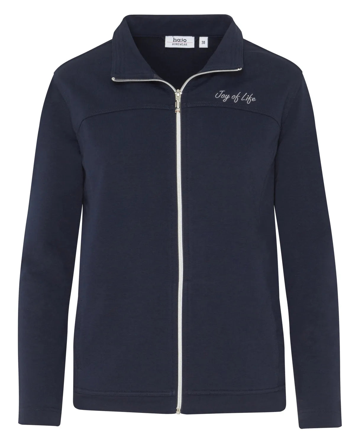 Marineblaue Jacke mit Reißverschluss und Stickerei ’Lebensfreude’ auf der Brust.