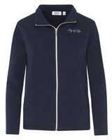 Marineblaue Jacke mit Reißverschluss und Stickerei ’Lebensfreude’ auf der Brust.