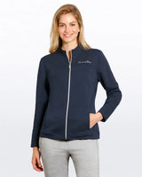 Marineblaue Zip-up-Jacke mit weißem Reißverschluss und Taschendetails.