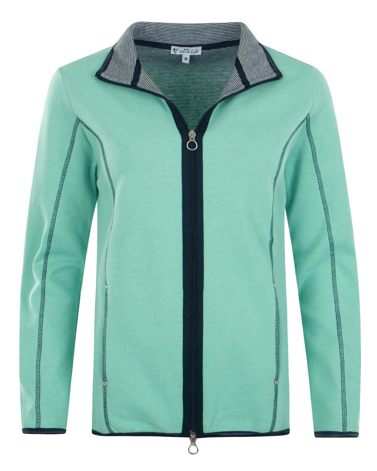 Mintgrüne Softshelljacke mit schwarzen Akzenten und Reißverschluss.