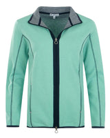 Mintgrüne Softshelljacke mit schwarzen Akzenten und Reißverschluss.