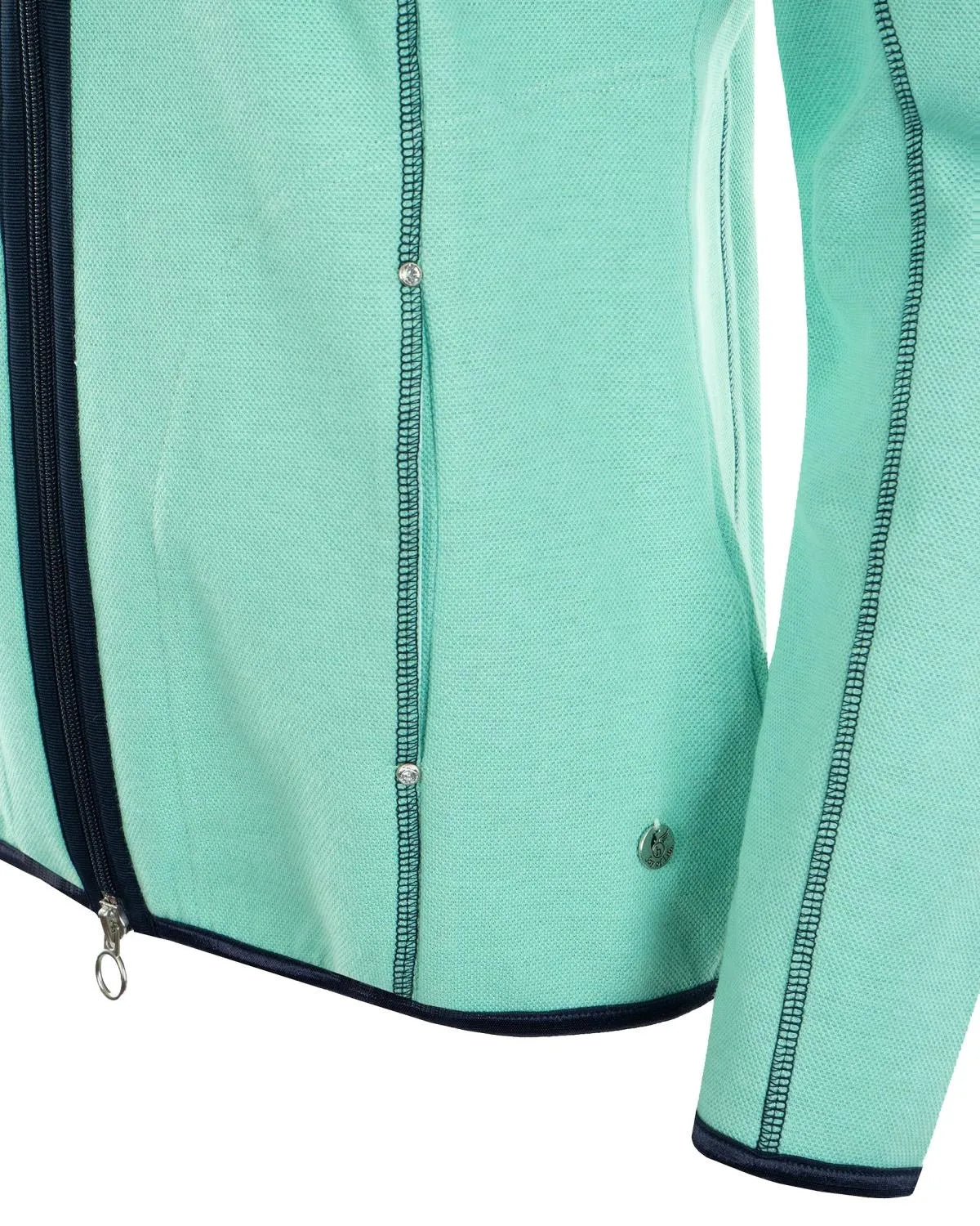 Mintgrüne Netzjacke mit schwarzem Reißverschluss und Zierleiste.