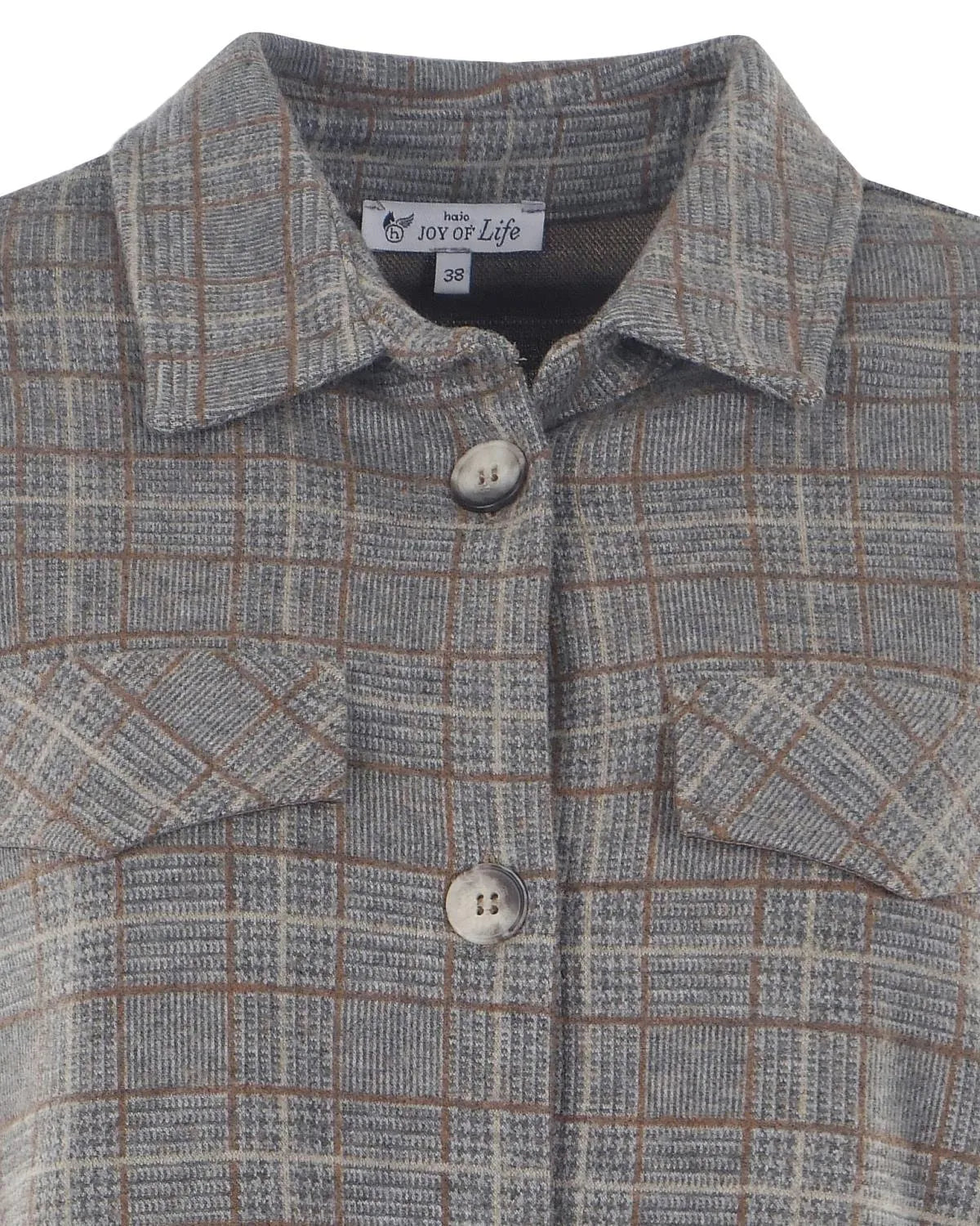 Kariertes Flanellhemd mit Button-Down-Kragen und Tasche, grau und braun gemustert.