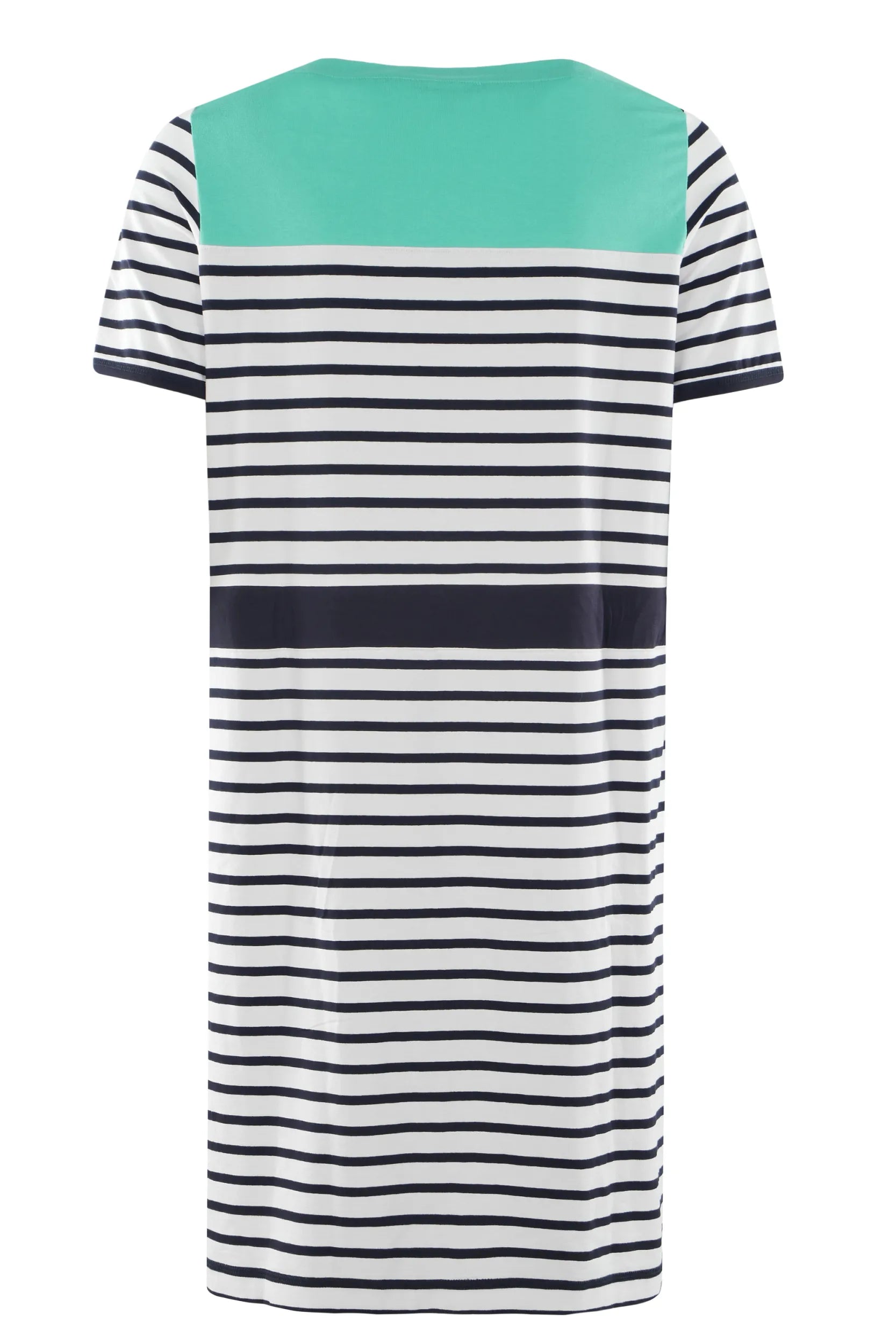 Gestreiftes Kleid mit mintgrünen Akzenten und marineblauen Streifen, aus weichem Jerseymaterial.