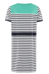 Gestreiftes Kleid mit mintgrünen Akzenten und marineblauen Streifen, aus weichem Jerseymaterial.