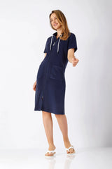 Navyblaues Damen-Kleid La vie en rose Frottee mit Kapuze, Reißverschluss, weißen Bändern und Taschen