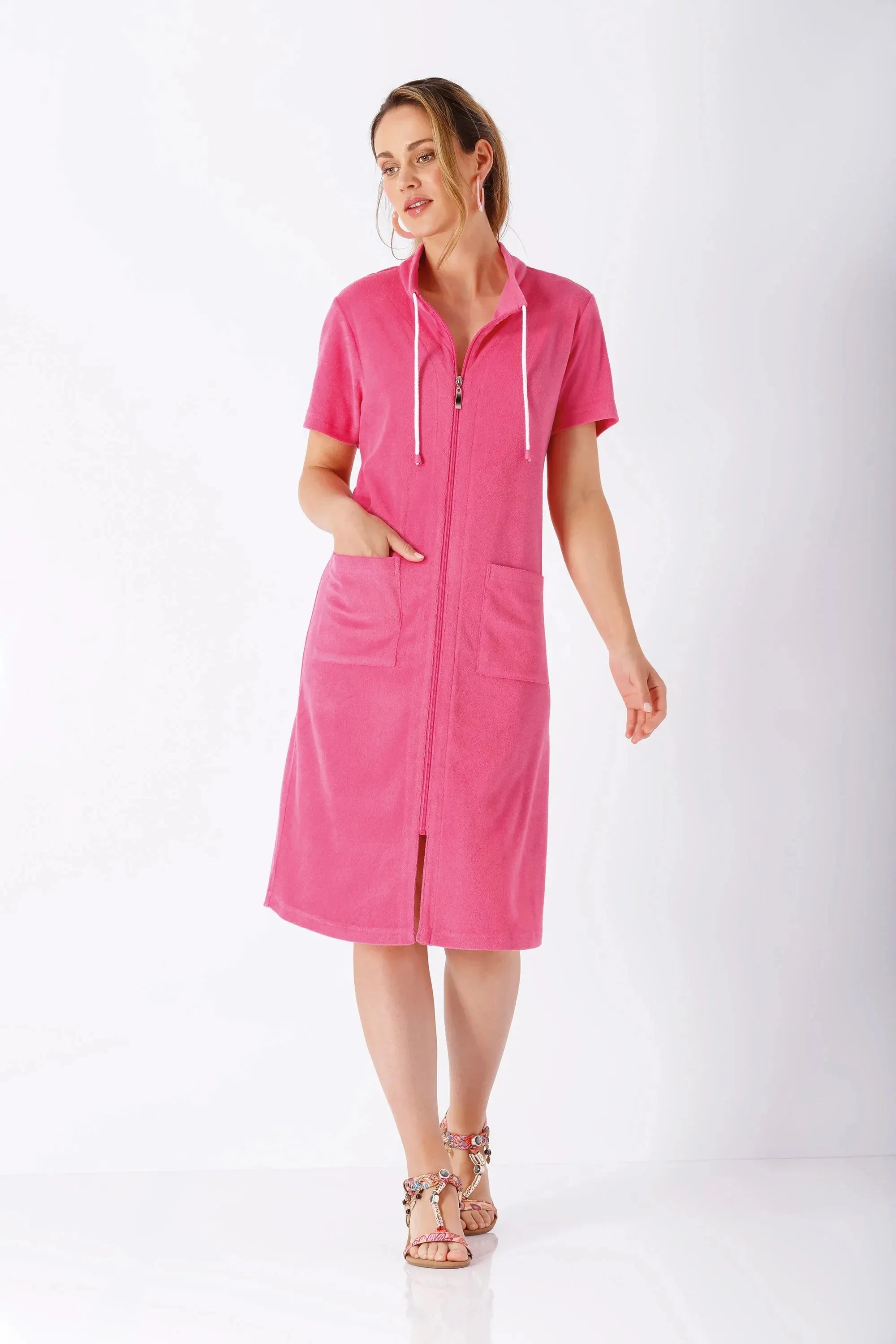 La vie en rose Frottee-Kleid für Damen, pink, kurzarm, Kapuze, Reißverschluss, Taschen