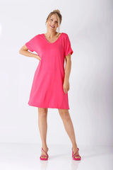 Vibrante pink Damen La vie en rose Tunika A-Linie mit V-Ausschnitt und Wellensaum