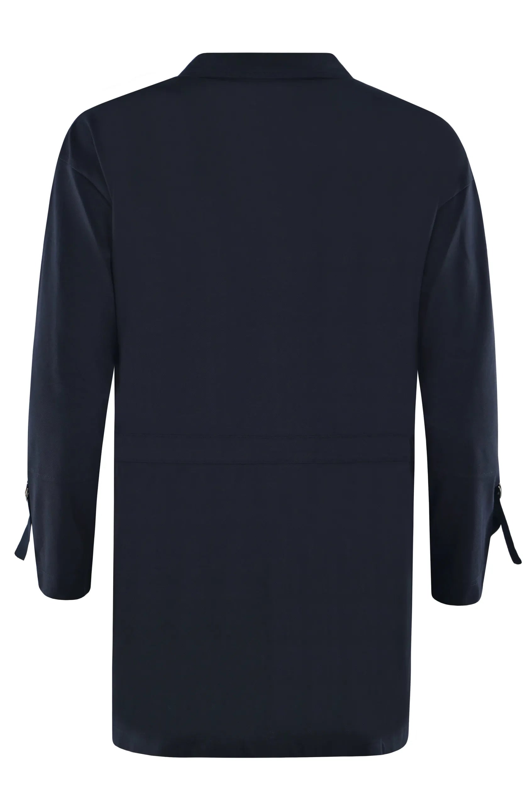 Marineblaue Kochjacke mit Seitenschlitzen und langen Ärmeln.