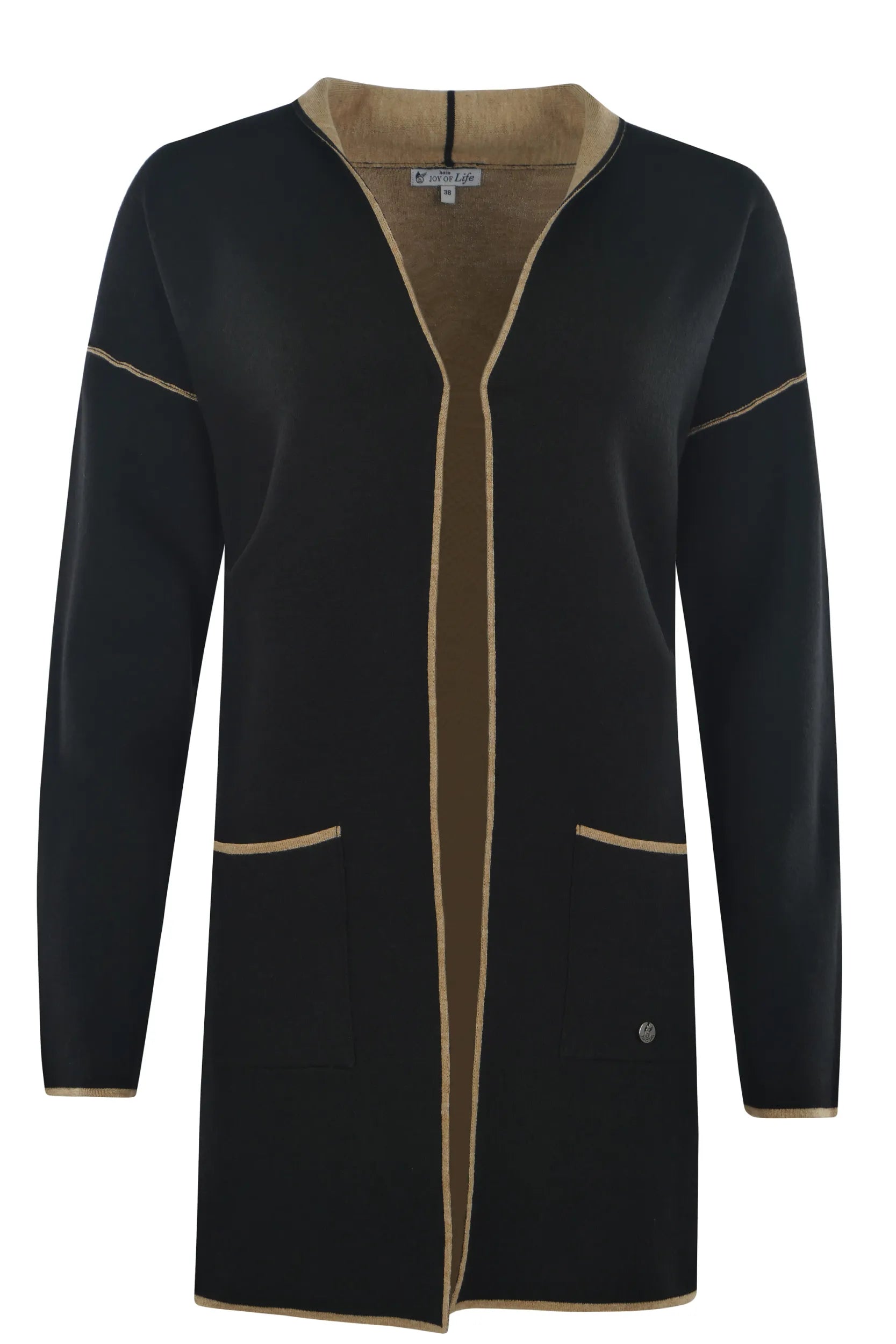 Schwarz-goldene Strickjacke mit Reißverschluss und Taschen.