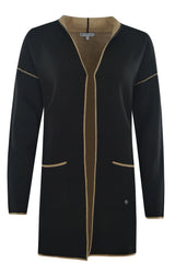 Schwarz-goldene Strickjacke mit Reißverschluss und Taschen.