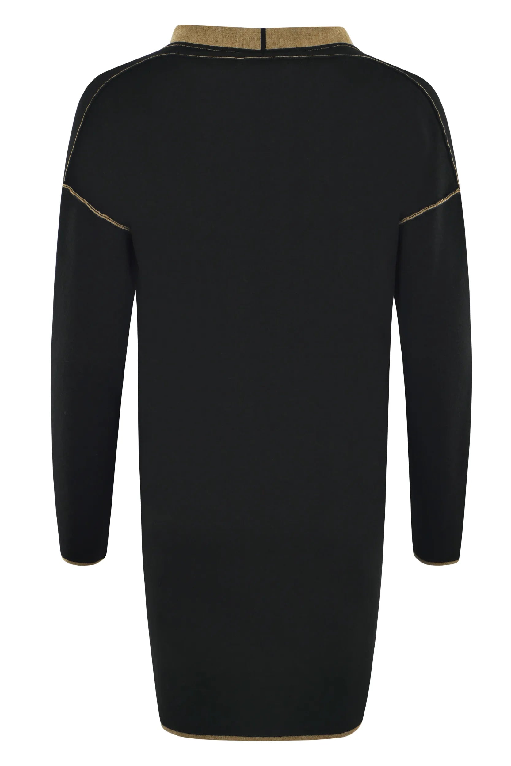 Schwarz-goldenes Kleid mit langen Ärmeln und Reißverschluss.
