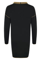 Schwarz-goldenes Kleid mit langen Ärmeln und Reißverschluss.
