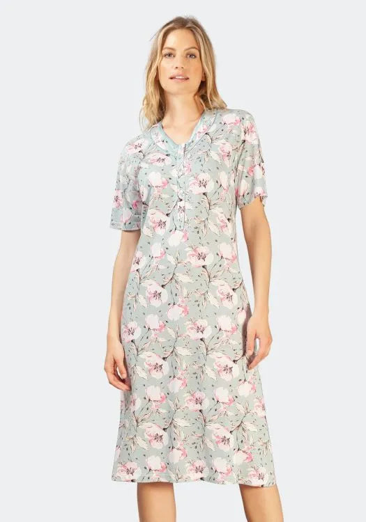 Hellgrünes Blumen-Nachthemd Damen Nachthemd mit kurzen Ärmeln und Knöpfen