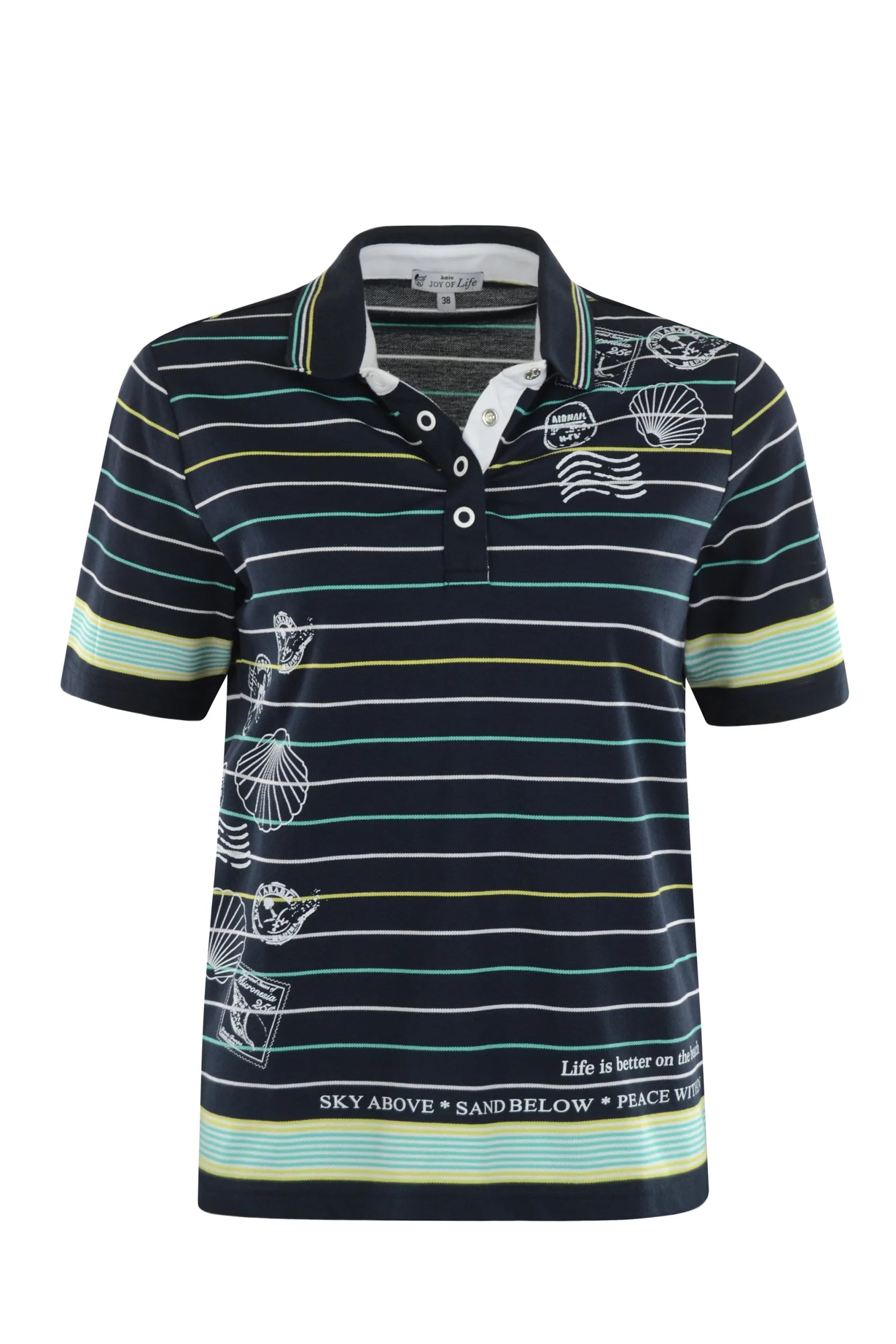 Marineblau gestreiftes Poloshirt mit Anker- und Muschelmuster, weißem Kragen und Manschetten, grünen Akzenten.