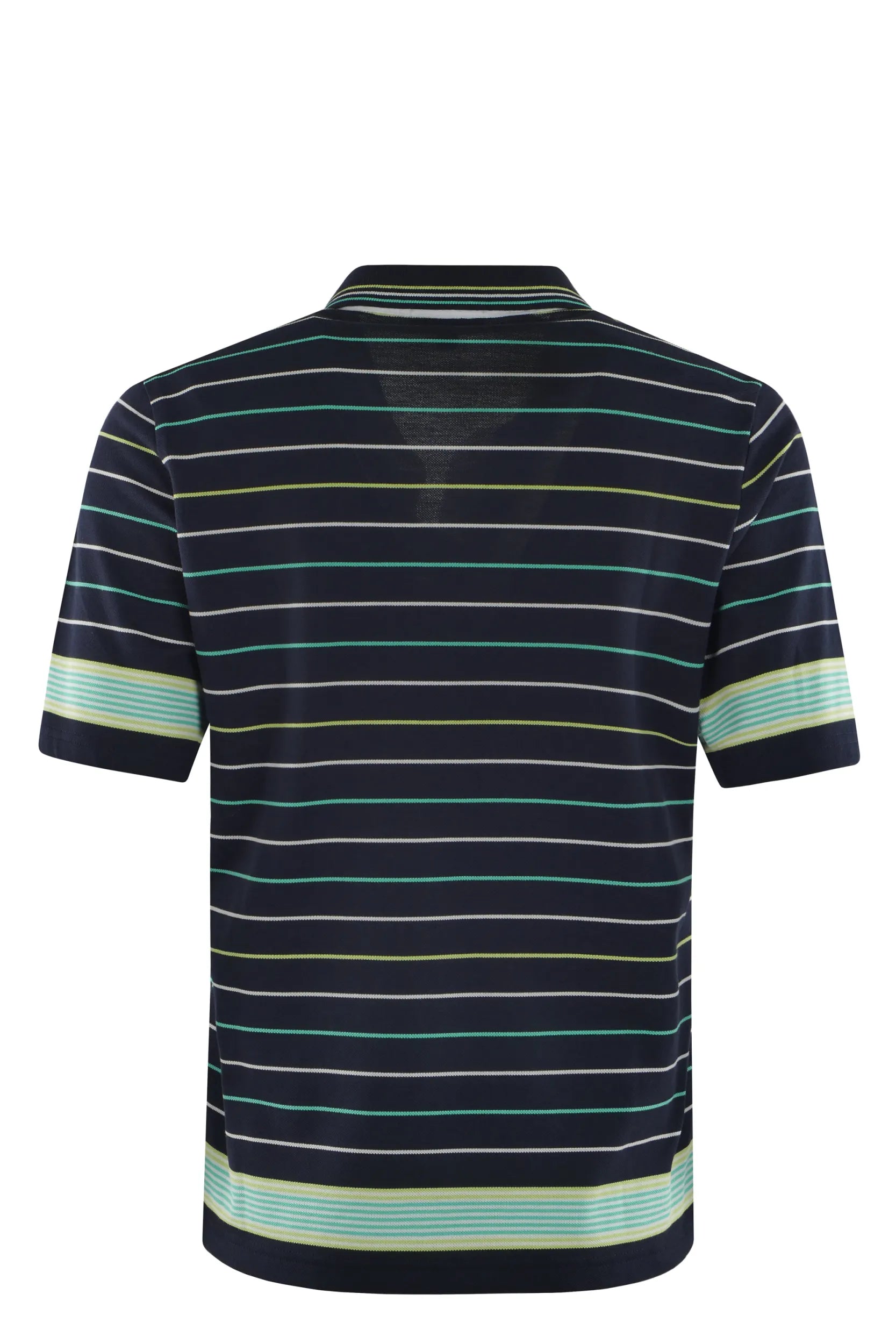 Marineblau gestreiftes Poloshirt mit grünen und gelben Akzenten, kurze Ärmel, gerippter Kragen und Manschetten.